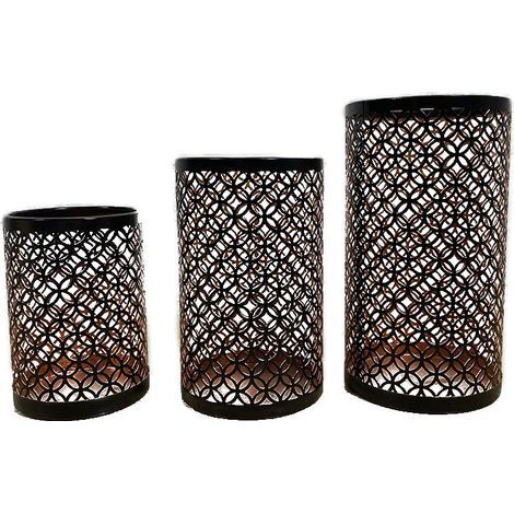 Black Tealight Candle Holder - Set of 3 Metal Lantern Pillar Candle Holder Oriental Moroccan Design Decoration for Home Interior Room Deco