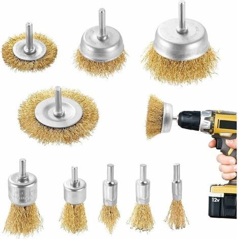 Kit de 9 Brosses Métalliques pour Perceuse et Meuleuse, Tige 1/4 Pouce, Élimination Rouille Corrosion Peinture (1/4)