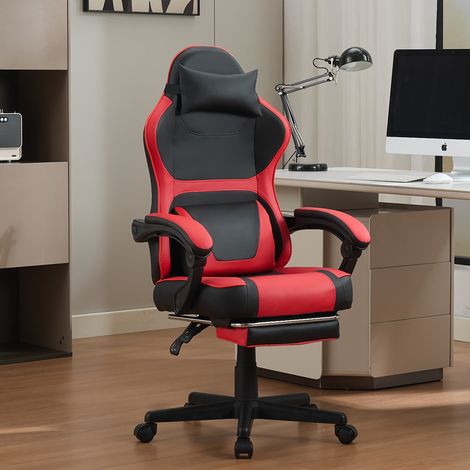 Chaise de jeu ergonomique en noir et rouge, équipée d'un repose-pieds escamotable et d'un double coussin pour la région lombaire – idéale pour le bureau à domicile et les pauses détente (1/5)