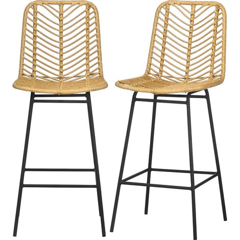 Tabourets de bar bohème rotin PE 2 pièces avec repose-pieds 42,5x52x102 cm jaune et noir