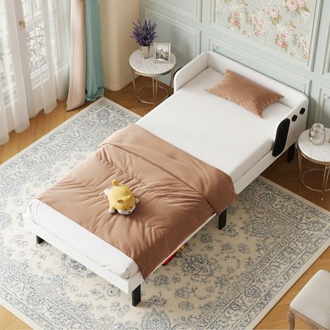 Lit enfant 90x200 cm,, tête de lit en forme de chiot, Bord arrondi, cadre à lattes en bois, pieds de support, style nordique, - blanc (1/5)