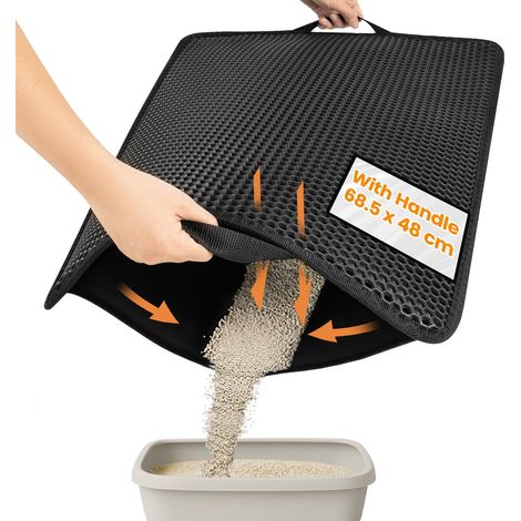 Tapis de Litière Chat 68.5x48cm, Double Couche Nid d'Abeille, Imperméable et Lavable, Antidérapant, Résistant à l'Urin Tapis de Litière pour Chat, Noir (1/5)