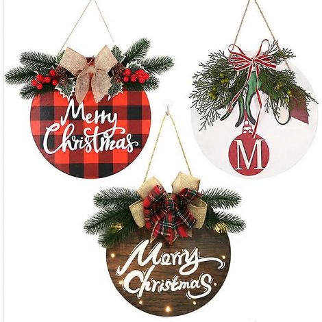 MIMIGO Letreros colgantes de madera navideños con cuerda, decoración para la puerta principal de Feliz Navidad, decoración para el porche delantero de estilo rústico, letrero de pared de madera con lu (1/3)