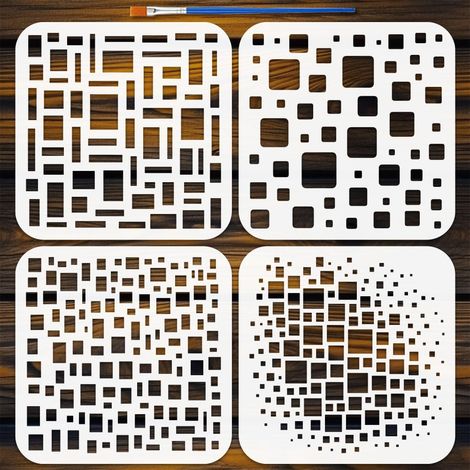 4Pcs Pochoir Peinture Géométrique Avec Pinceau, 15x15cm Pochoir Géométrique Réutilisable Templates Arrière-Plan Cubiste à Superposition pour Peinture sur Mur, Toile et Meubles en Bois (1/5)