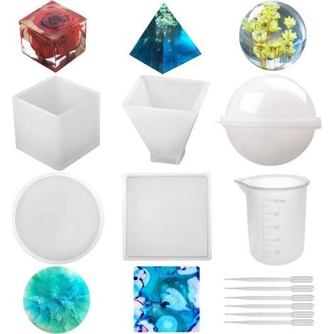 Silikonformen für Harz (5 Stück), einschließlich Harzgussformen in verschiedenen Formen: Kugel, Würfel, Pyramide, Quadrat, Kreis usw. (Set mit 5 Silikonformen für Epoxidharz). (1/5)