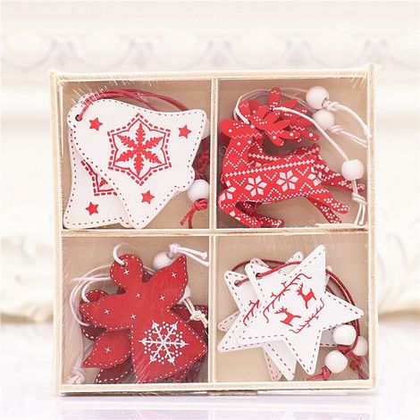 Decoration Noel Bois Nordique à Suspendre (Lot de 12) - Deco Noël Bois avec 4 Motifs de Renne, Cloche, Boule, Ange, Sapin et Étoile - Decoration de Noel Blanc et Rouge (1/5)