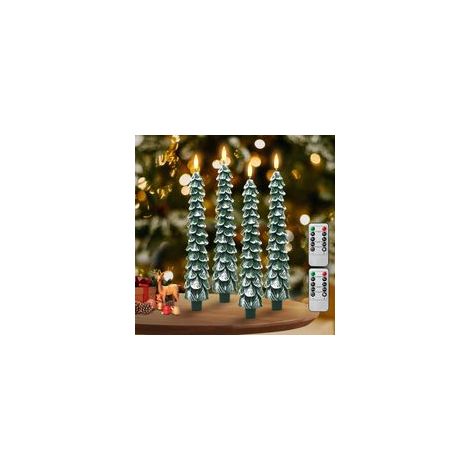 Candele senza fiamma con telecomando – Set di 4 candele a batteria a forma di albero di Natale, design albero innevato, fiamma tremolante 3D, decorazione sicura per la casa per le festività e regali d