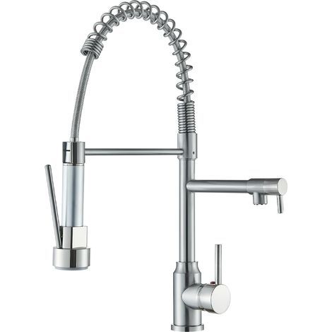 Rubinetto da cucina con doccetta a scomparsa, rubinetto per lavello in acciaio inox, girevole a 360° con due funzioni di getto, finitura spazzolata. (1/5)