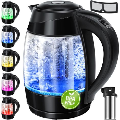 KESSER® Bollitore da 1,8 l in acciaio inox 2200 W in vetro funzione scaldavivande nero / nero