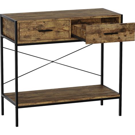 Brooklyn 2 Drawer Console Table Hallway Living Room Shelf Display Iron Legs, Dark-Wood (1/5)