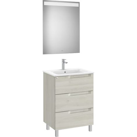 MUEBLE LAVABO 600MM ALEYDA CON PATAS 3 CAJONES + ESPEJO BLANCO MADERA