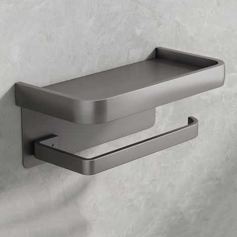 Anthrazitgrauer, bohrfreier Toilettenpapierhalter aus Aluminium zur Wandmontage mit integrierter Handyhalterung. (1/5)