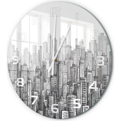 Horloge Murale Ronde Décoration Maison Verre Trempé Style Contemporain Gratte-ciel fi 60 cm (1/5)
