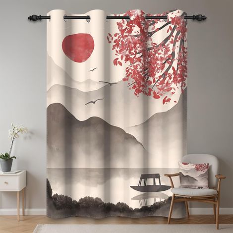 107 x 160 cm Traditional Ink Painting Eyelet Curtain Mountain Sun Tree Chinese Painting Thermal Landscape Dividers Blackout Curtains for Bedroom, Living Room, Office, 1 Single Panel (1/5)