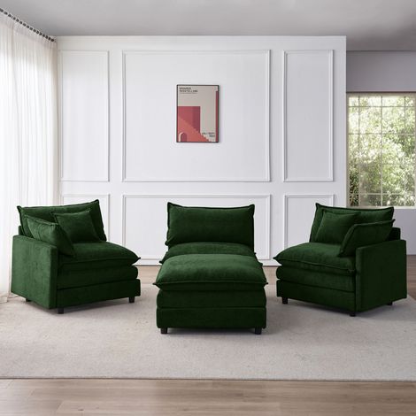 Sofá esquinero modular, 3 plazas con puf, tejido chenilla verde (1/5)