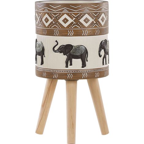 Cache-Pot Support Plantes avec 3 Pieds en Bois 25 cm de Diamètre Motif Éléphants Peint à la Main Idéal à la fois pour Extérieur et Intérieur Beliani