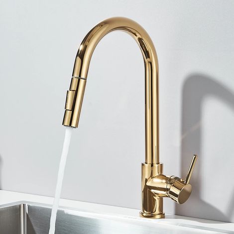 Robinet extractible (doré poli), pommeau de douche, mitigeur de comptoir, poignée unique (1/3)