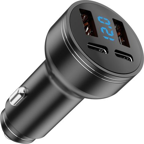 126W USB-Autoladegerät, 2 PD+2 QC3.0 Schnellladeadapter Metall, 4-Port USB C Autoladegerät mit LED-Voltmeter, Schnellladen für iOS, Android, Tablets