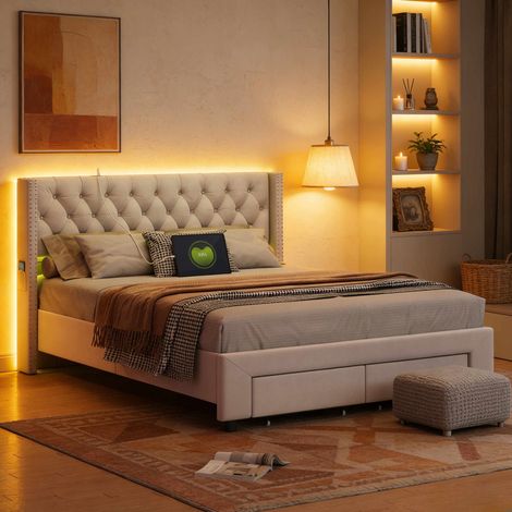 Lit adulte 140x190 cm – Lit double – Tiroirs rangement – Étagère tête de lit – Éclairage LED – Port USB – Sommier à lattes – Velours beige (1/5)
