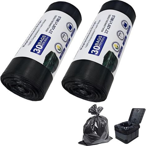 Bolsas biodegradables para inodoro de camping, paquete de 60 unidades, 30 L (8 galones), 60 x 65 cm, color negro, 30 μm, para inodoros portátiles, inodoros de camping, cubos de inodoro, viajes y uso d (1/5)