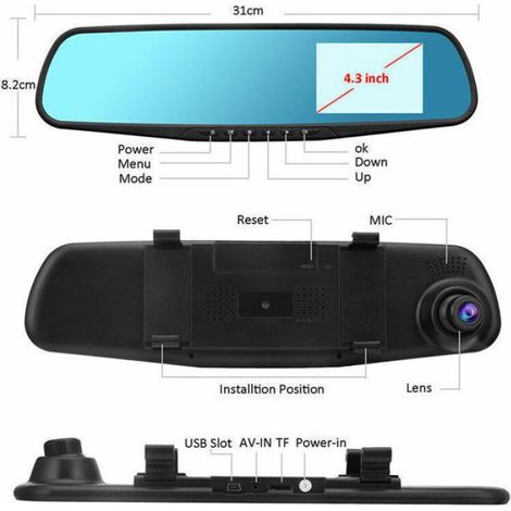 Dashcam rétroviseur double objectif - - Écran 4,3 pouces - 1080P - Caméra de recul - Enregistrement en boucle (1/4)