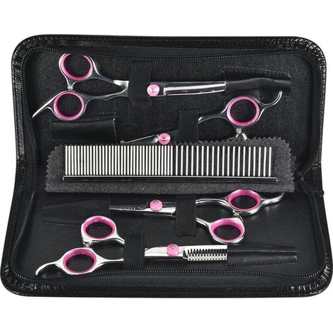Juego profesional de tijeras para peluquería canina, 6 piezas: tijeras rectas, de entresacar y curvas, con aspecto de carey (6CR13), 23,5 x 9,5 x 2 cm, incluye peine y estuche. (1/5)