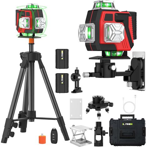Niveau Laser 360 Autonivelant, Lazer Niveaux Vert 4 x 360°, Niveau laser 4D 16 lignes Auto-nivelant, Laser Chantier, IP54 Waterproof, avec 2 2600 mAh Batteries et Télécommande (A) (1/5)