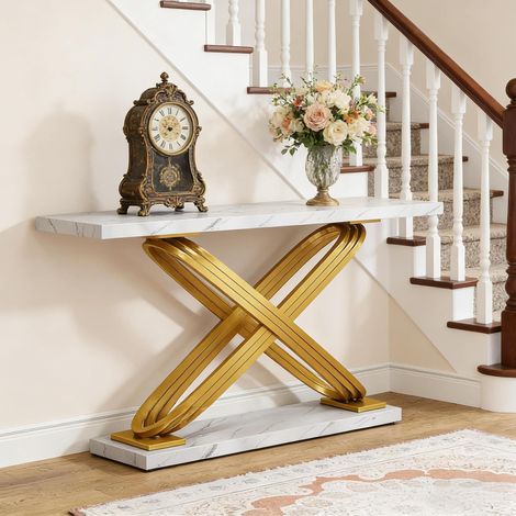 REDOM Mesa consola (150x42x21 cm), diseño minimalista, estructura en X, metal y madera, dorado y blanco (1/5)