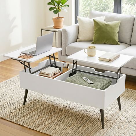Table basse réglable en hauteur avec rangement caché pour salon, 50 x 100 cm, blanc (1/5)