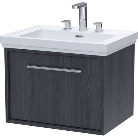 Sturbridge Contemporary 1 Drawer Wall Hung Vanity Unit with Traditional 3 Tap Hole Fireclay Basin , 600mm, Graphite Grey Woodgrain