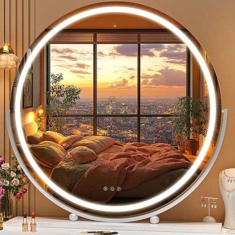 Hasipu Schminkspiegel mit Beleuchteter, 70 x 70cm Zoll LED Kosmetikspiegel mit Lichtern, Smart-Touch-Steuerung, 3 Farben, Dimmbar, Runder Spiegel, 360°-Drehung, Weiß