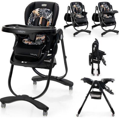 Multifunctional Folding Baby High Chair with Rolling Wheels and Adjustable Height-Black (1/5)