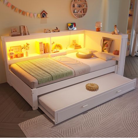 Tagesbett Kiefernholz Weiß 90x200 cm mit Ausziehbett, LED, USB und Steckdose (1/5)