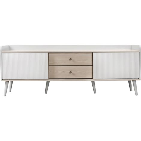TV-Schrank 160x40x58 cm Weiß und Holzoptik aus Spanplatte mit 2 Schiebetüren und 2 Schubladen (1/5)