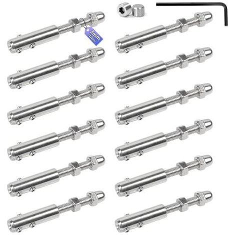 Confezione da 12 tendicavo da 3 mm, morsetti per cavi in acciaio inox con asta filettata e chiave a brugola, robusto kit di tensionamento per cavi in acciaio, ideale per installazioni di recinzioni o (1/5)