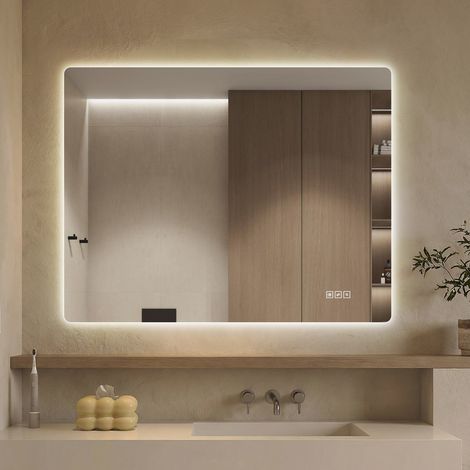 Miroir LED salle de bain 70 x 90 cm sans cadre, antibuée, variateur tactile, 3 températures 3000K/4000K/6000K, installation verticale ou horizontale  CHICFURN (1/5)