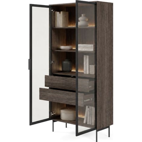 Vitrine Lafafasa, Ausstellungsregal 4 Böden, 2 Schubladen, 2 Türen, 92x39x195h cm Nussbaum Braun