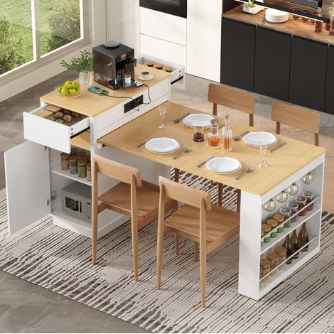 Isola cucina allungabile 58-154x80,5x94 cm con LED, USB Type-C, contenitore e ruote, MDF - bianco (1/5)