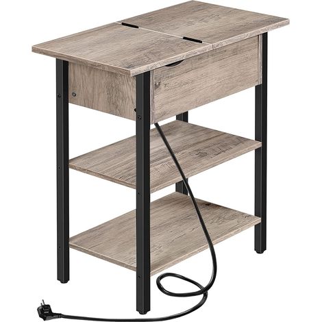 Table d'Appoint, Bout de Canapé Rabattable avec Multiprise et Étagères de Rangement, Table de Chevet Fine pour Petit Espace, Style Industriel, pour Salon, Chambre, Grège et Noir (1/5)