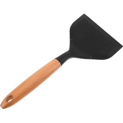 Spatule silicone noire manche bois large, antiadhésive résistante chaleur, pour wok, poêle ou service (1/5)