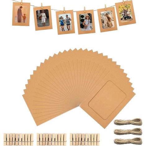 30pcs Cadre Photo en Papier Kraft DIY Cadre Photo à Suspendre 10x15 Présentoir Photo Cadre en Carton a Decorer avec 30 Pinces Bois,Cordes Support Accrocher Photos pour Décoration Murale-Kaki (1/5)