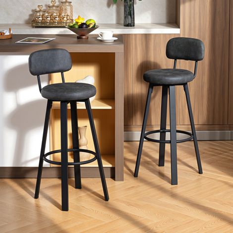 Lot de 2 tabourets gris de cuisine hauts pivotants rembourrés en PU avec cadre métallique de dossier et repose-pieds foncé (1/4)