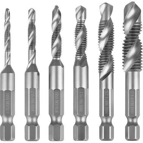 6-Piece Combination Drill and Tap Set, M3, M4, M5, M6, M8, M10, with 6mm Hex Shank, Capable of Drilling and Tapping, Versatile Tool, with Rust-Resistant Silver Coating (1/5)
