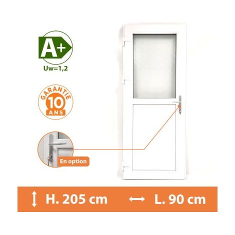 Direct Fenêtres – Porte de service PVC 1/2 vitrée – Double vitrage dépoli – Isolation thermique A – H.205 x l.90 cm – Seuil aluminium PMR