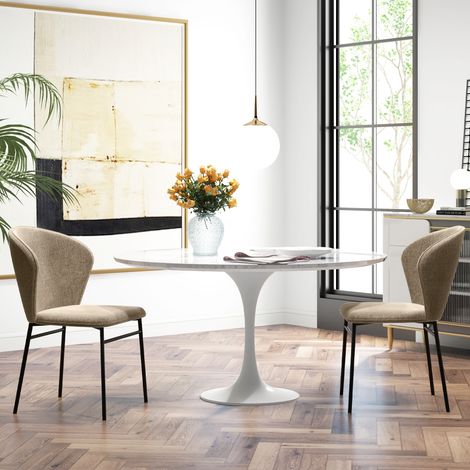 Set aus 2 Esszimmerstühlen mit gepolsterten Sitzen in Leinenoptik und stabilen Stahlbeinen, modernes Design, hellbraun