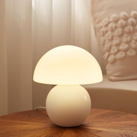 Veilleuse de chevet Irovami en forme de champignon, lampe décorative rétro en verre céramique, lampe de table à trois couleurs avec variateur et chargement USB, blanche (1/4)