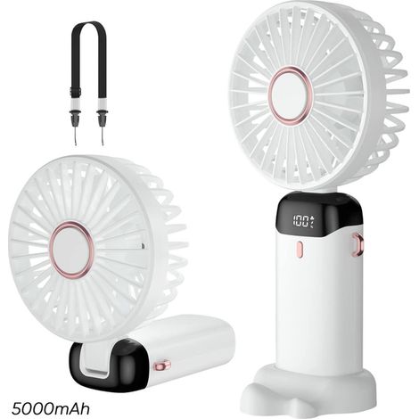 Ventilateur Portatif, Rechargeable USB avec Batterie 5000mAh Ventilateur, 5 Vitesses, Avec Base, Blanc (1/4)