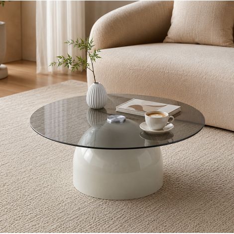 Tavolino da Caffè Rotondo Moderno con Piano in Vetro e Base Semisferica, per Soggiorno, 70 × 70 × 30 cm (1/5)
