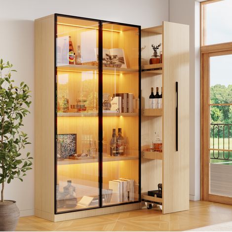 Libreria espositiva 110,5x35x160 cm con illuminazione a LED e vani portaoggetti scorrevoli, mobile contenitore in MDF effetto rovere (1/5)