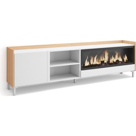 Skraut Home - Mueble TV, Televisión, Muebles de salón, almacenaje, 212x35x61cm, Para TV hasta 80", Chimenea eléctrica XXL, Diseño industrial, Estilo Moderno, Blanco y roble soft (1/5)